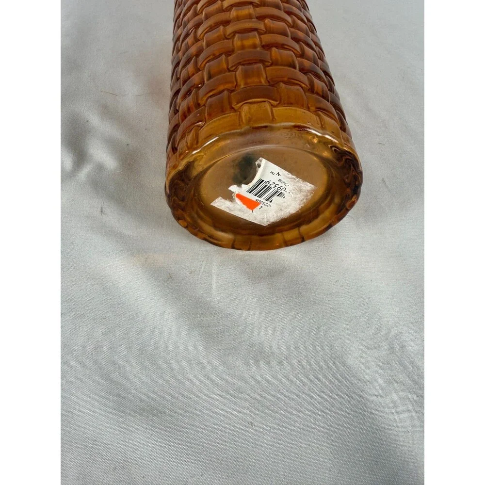 Vintage Indiana Glass Amber Vase Cubist Block Basket Weave Design 3